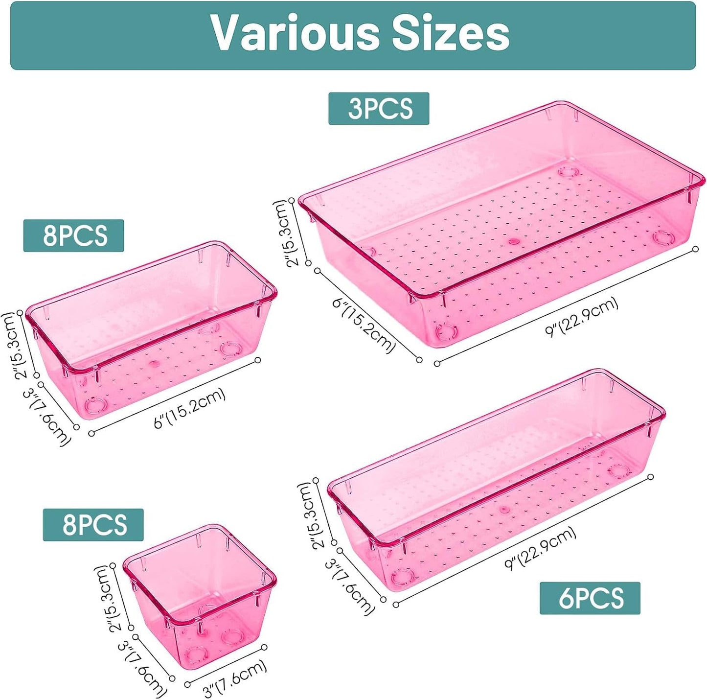 WOWBOX 25 PCS Clear Plastic Drawer Organizer Set, 4 Sizes Desk Drawer Divider Organizers and Storage Bins for Makeup, Jewelry, Gadgets for Kitchen, Bedroom, Bathroom, Office
