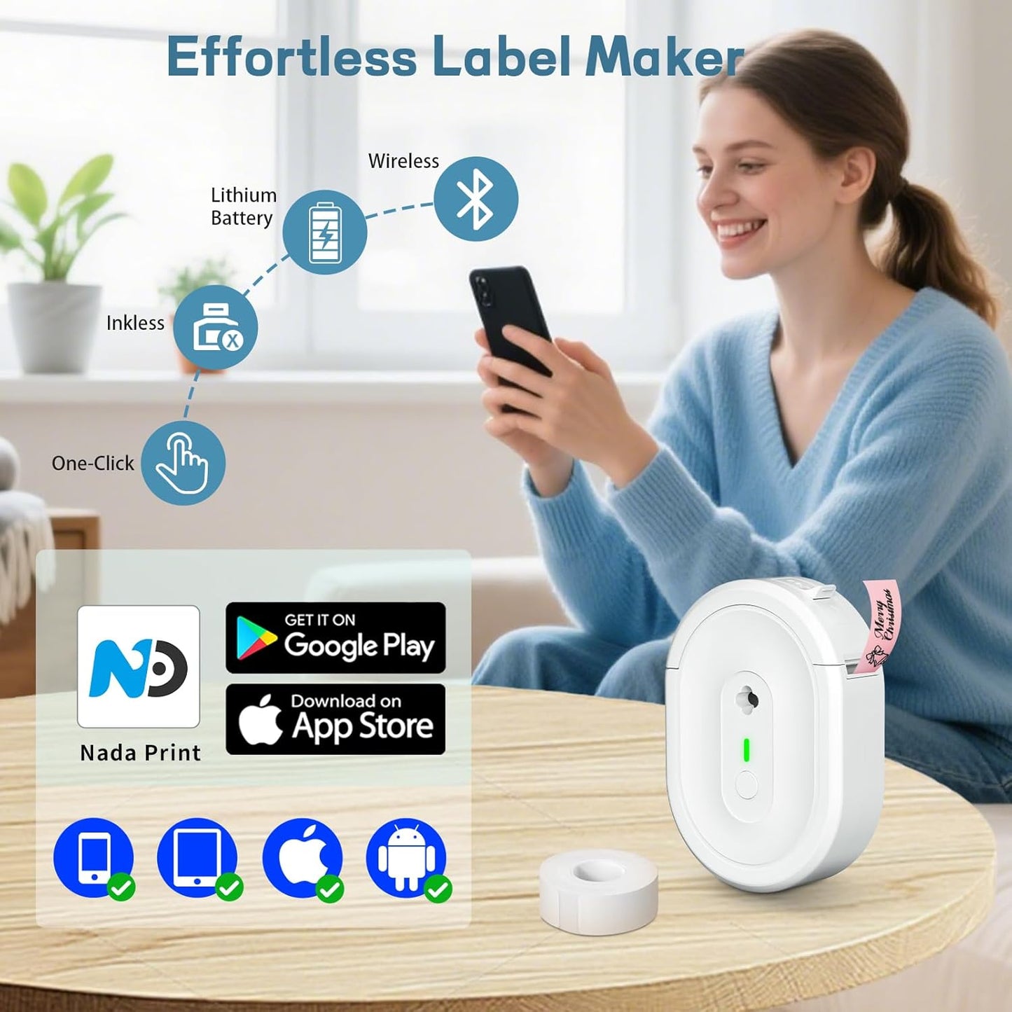 Label Maker Machine with Tape, Small Portable Bluetooth Label Printer, Handheld Mini Labeler for Home, Kitchen, Office, Waterproof Label Makers for Labeling, Gift, Kids School Items, Pink