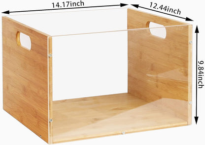 Sbanmao Clear Acrylic File Box Organizer, Bamboo Hanging Folder Storage Boxes, Filing Crate Bin Holder with Handle for Home Office Desk, Letter Size