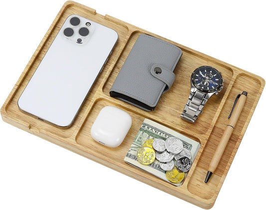 MultiBey Walnut Wood Valet Tray - Wooden Nightstand Organizer for Men Women, 4 Slot Desk Drawer Organizer Tray, EDC Catch All Tray with Cable Slot for Phone Watch Wallet Key Jewelry