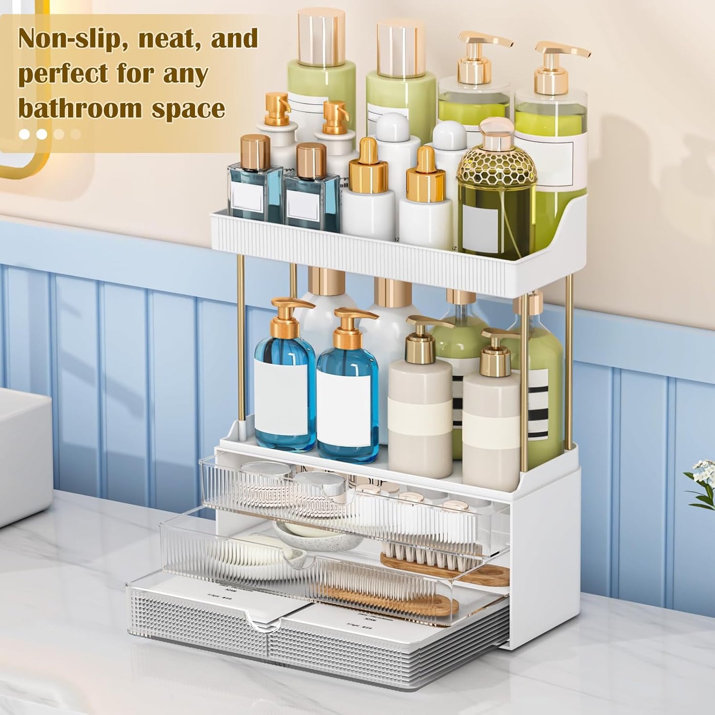 caktraie 12.2" W Makeup Organizer Drawers - 5 Tiers Bathroom Counter Organizer, Cosmetic Storage Drawer for Dresser Countertop and Bathroom Vanity for Large Skincare, Perfume, Clear