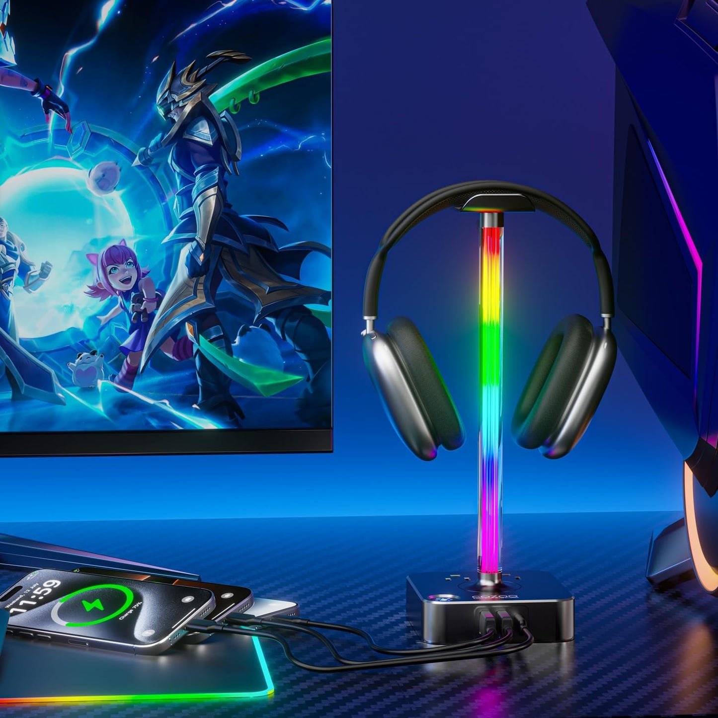 COZOO Headphone Stand with USB Charger Desktop Gaming Headset Holder Hanger with 3 USB Charging Station and 2 Outlets Power Strip,Suitable for Gaming, DJ,Wireless Earphone Display, Gamer Gifts for Men