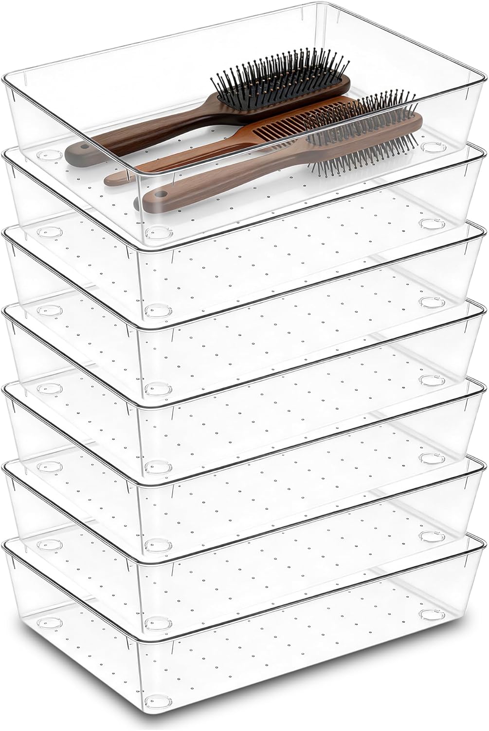 7Pack Desk Drawer Organizers, 6"*9" makeup acrylic drawer organizer trays for vanity, bathroom, office, nightstand, junk for kitchen drawer, Versatile plastic drawer divider storage bins