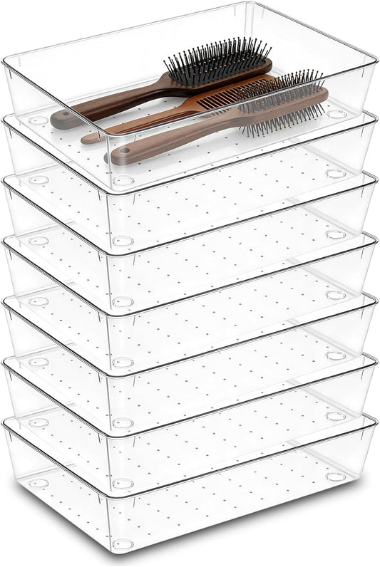 7Pack Desk Drawer Organizers, 6"*9" makeup acrylic drawer organizer trays for vanity, bathroom, office, nightstand, junk for kitchen drawer, Versatile plastic drawer divider storage bins