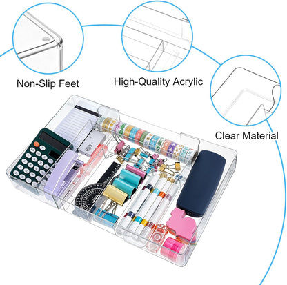 Expandable Acrylic Drawer Organizer, Clear Desk Drawer Organizers Tray with 8 Adjustable Compartments Multifunctional Desk Accessories for Vanity, Office, Kitchen, Bathroom