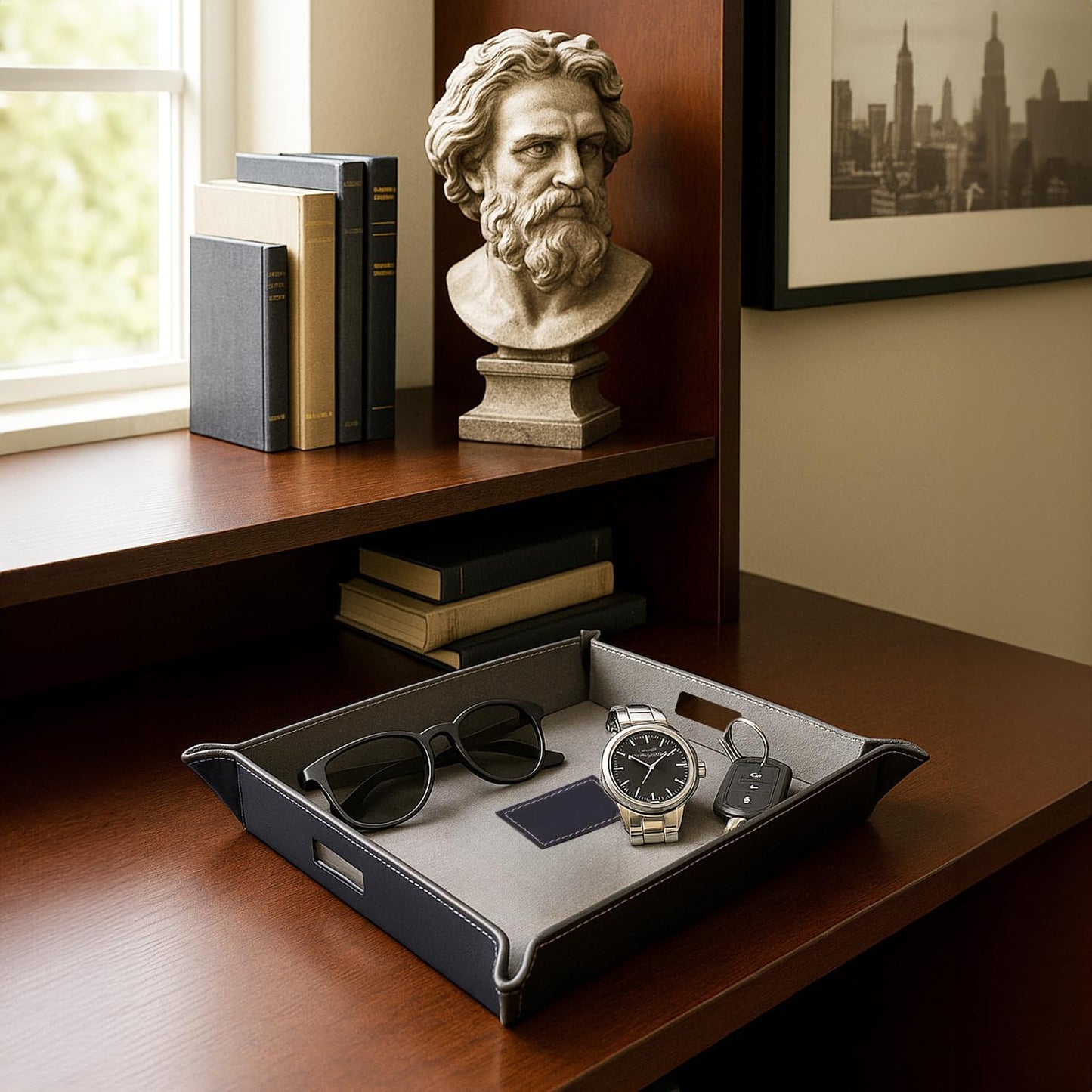 Bey-Berk Alex Leather Valet Tray (Navy), 10" x 7.75" Nightstand and Desk Catchall, Genuine Leather Snap-Corner EDC Organizer and Phone Charging Tray