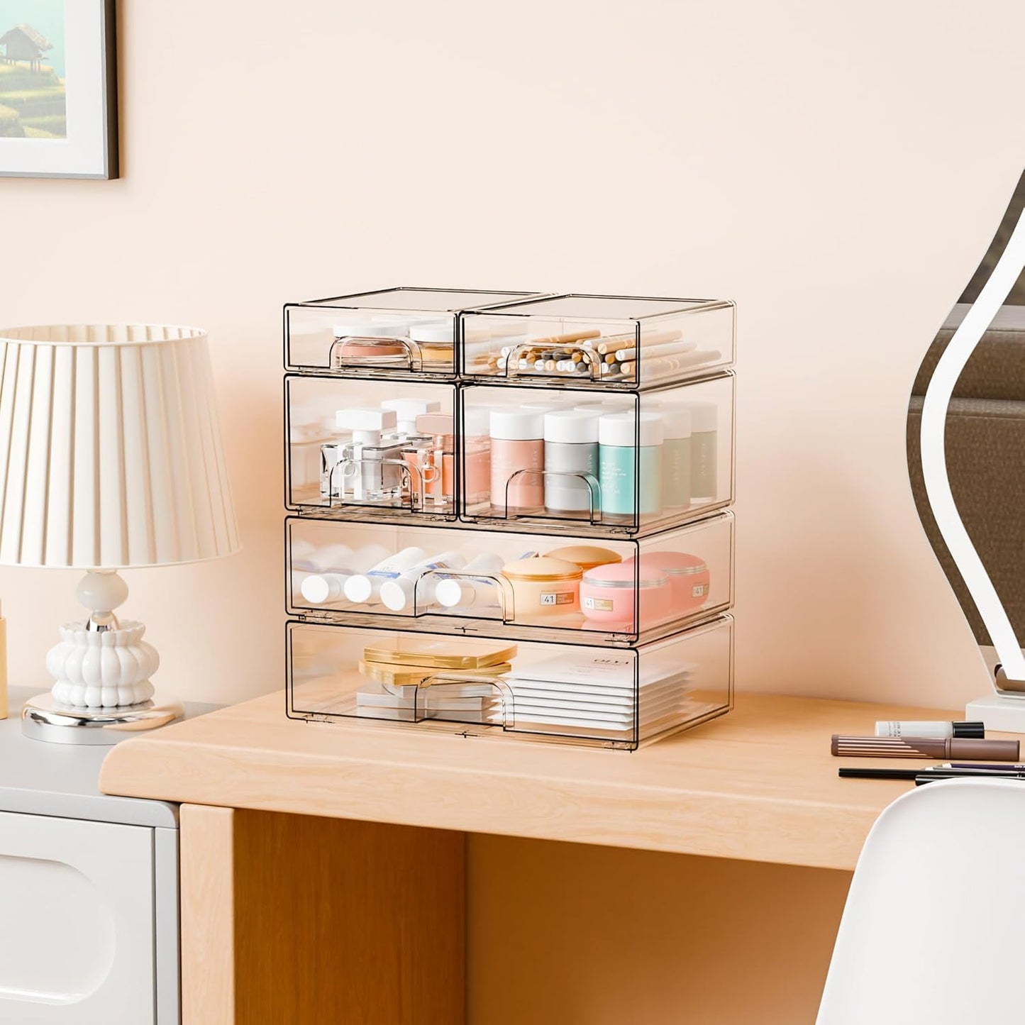 Yieach Clear Stackable Storage Drawers - Set of 6 - Acrylic Drawers,Bathroom Organizer Bin and Plastic Makeup Organizer,Clear Stacking Brightroom Storage Boxes for Vanity,Cabinet,Pantry Organization
