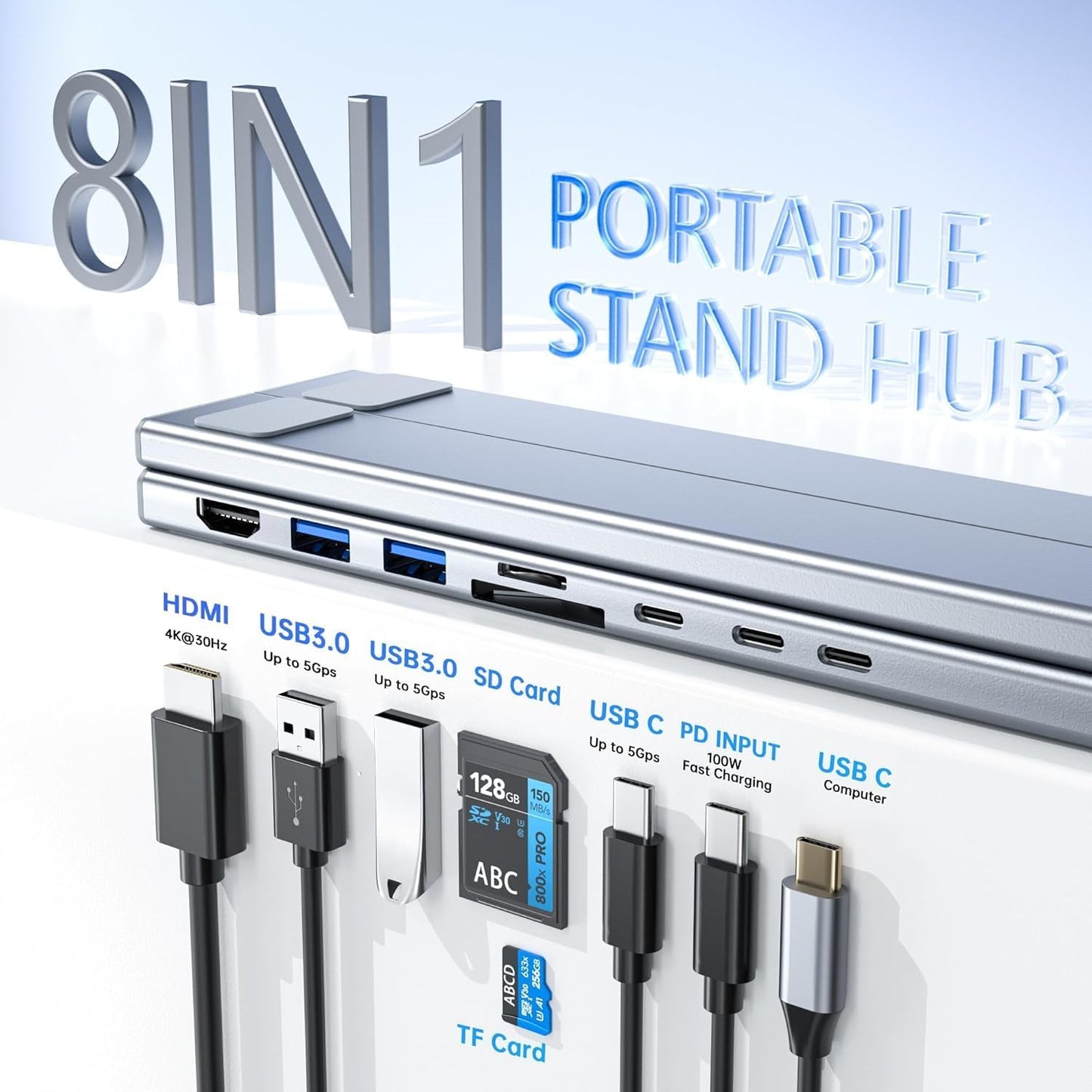 Laptop iPad USB C Docking Station Stand,Aluminum Tablet Holder, 8 in 1 USB C Hub with 4K HDMI, PD 100W, 2 USB 3.0, SD/TF Reader, for MacBook/iPad/Dell/HP/Surface/Lenovo, Plug and Play
