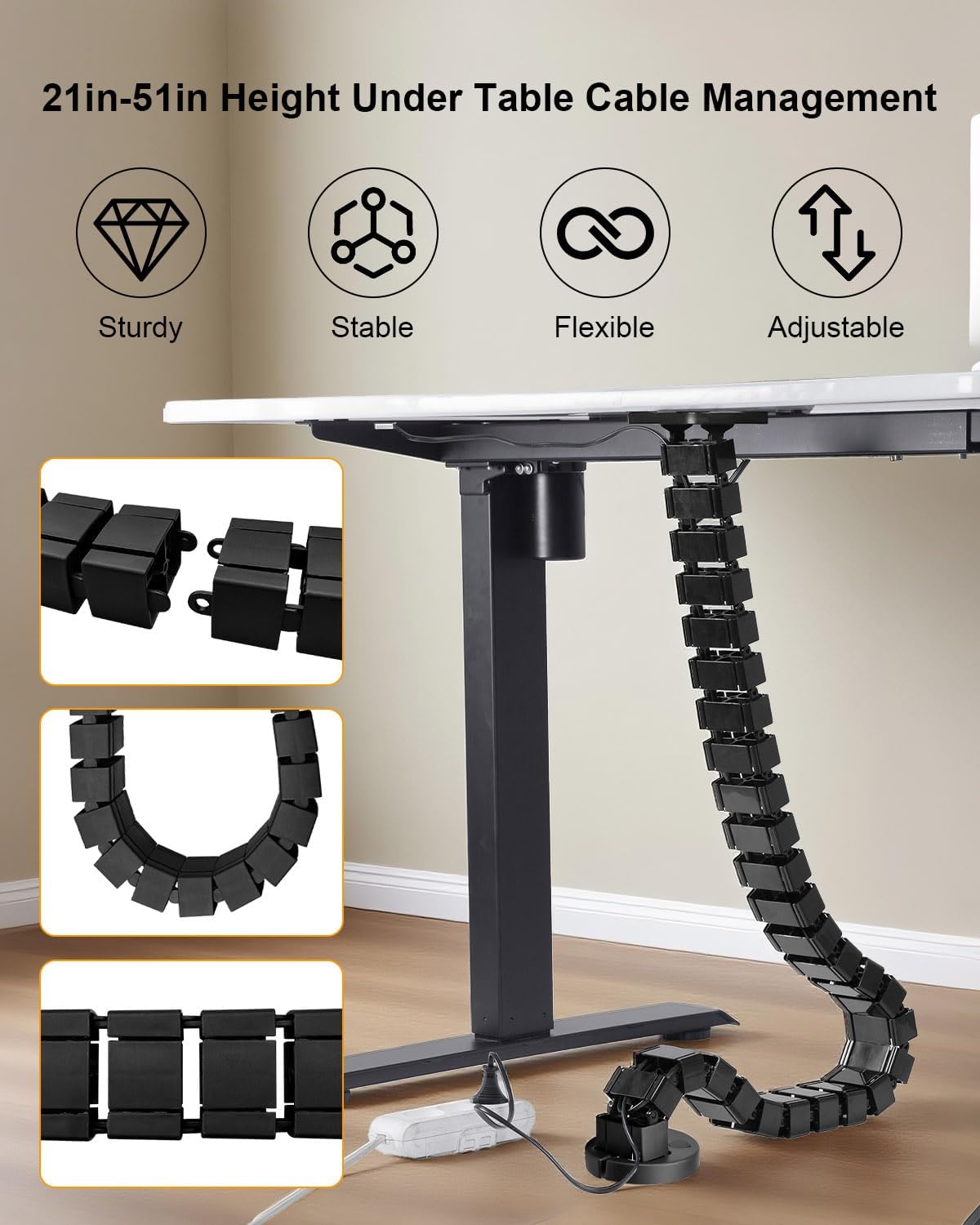 Under Desk Cable Management Kit Fit for Sit Stand Desk Cable Management, Screw Fixation Adjustable Length Cable Management Spinal, Flexible Chain Raceway Cable Management