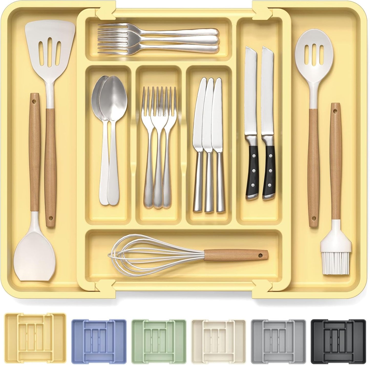 Caperci Large Silverware Organizer for Kitchen Drawer & Utensils - Expandable Drawer Organizer for Cutlery, Flatware & Gadget, BPA-Free Thick Plastic, Wider Compartments & Non-skid Feet (Tofu)