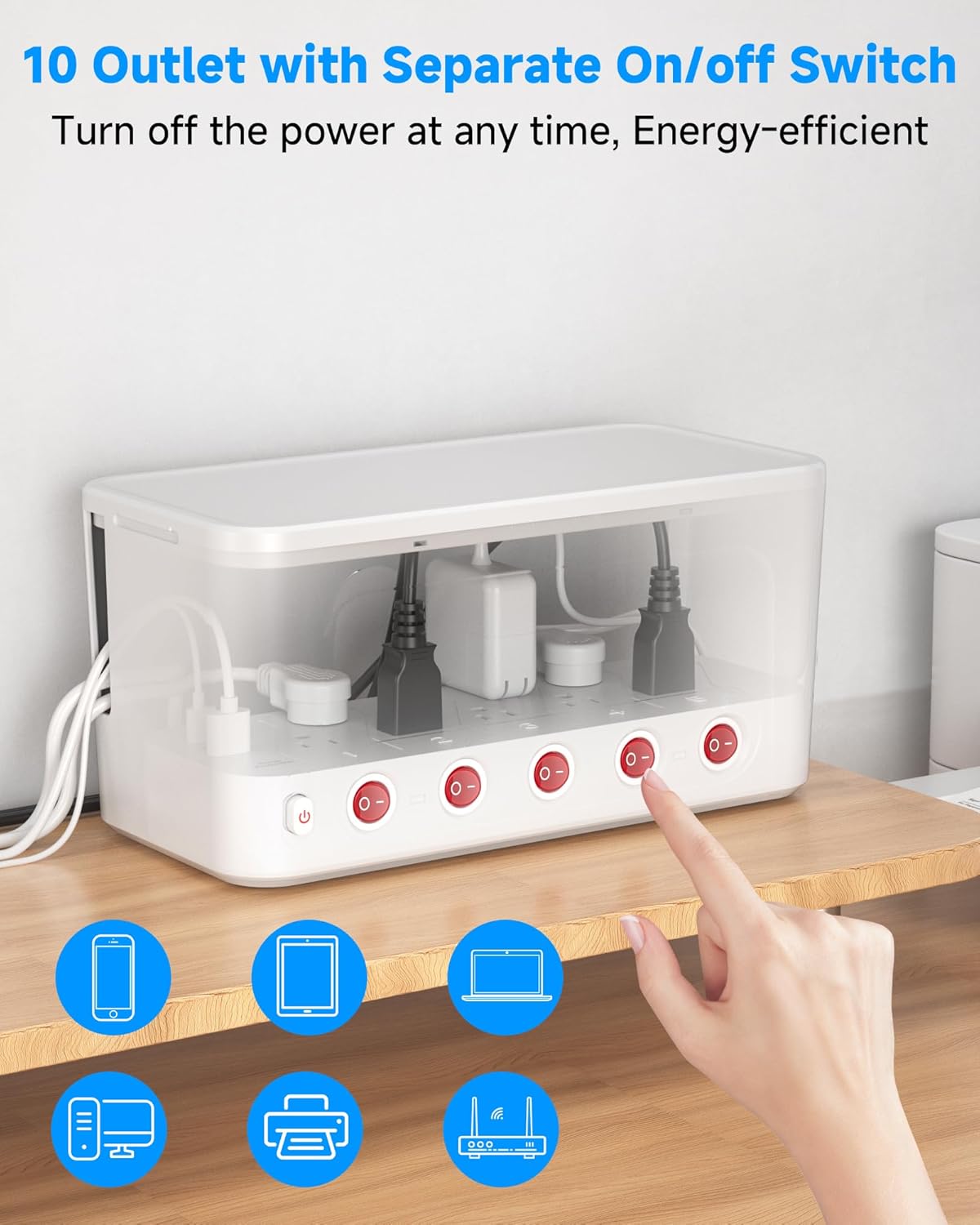 Surge Protector Power Strip with Cable Management Box,Cord Organizer Box with 10 Outlets and 3 USB Ports,Individual Switches,6 ft Flat Plug Extension Cord,Under-Desk and Desk Wire Storage Hider,White