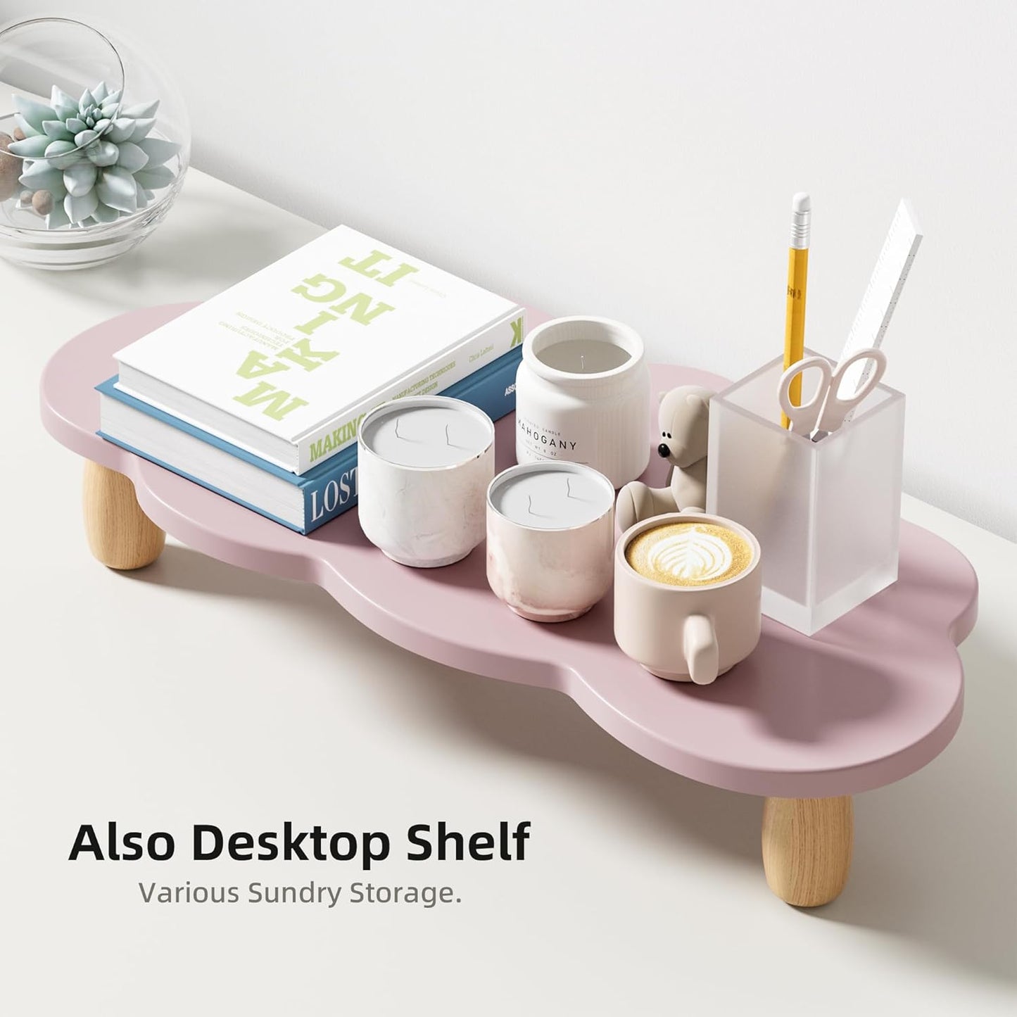 AFOOYO Monitor Stand Riser,Cloud Shape Wood Computer Monitor Stand, 16.5IN Monitor Stand Riser, Multi-Purpose Desktop Organizer Riser for Computer,Laptop,Printer,TV,Pink