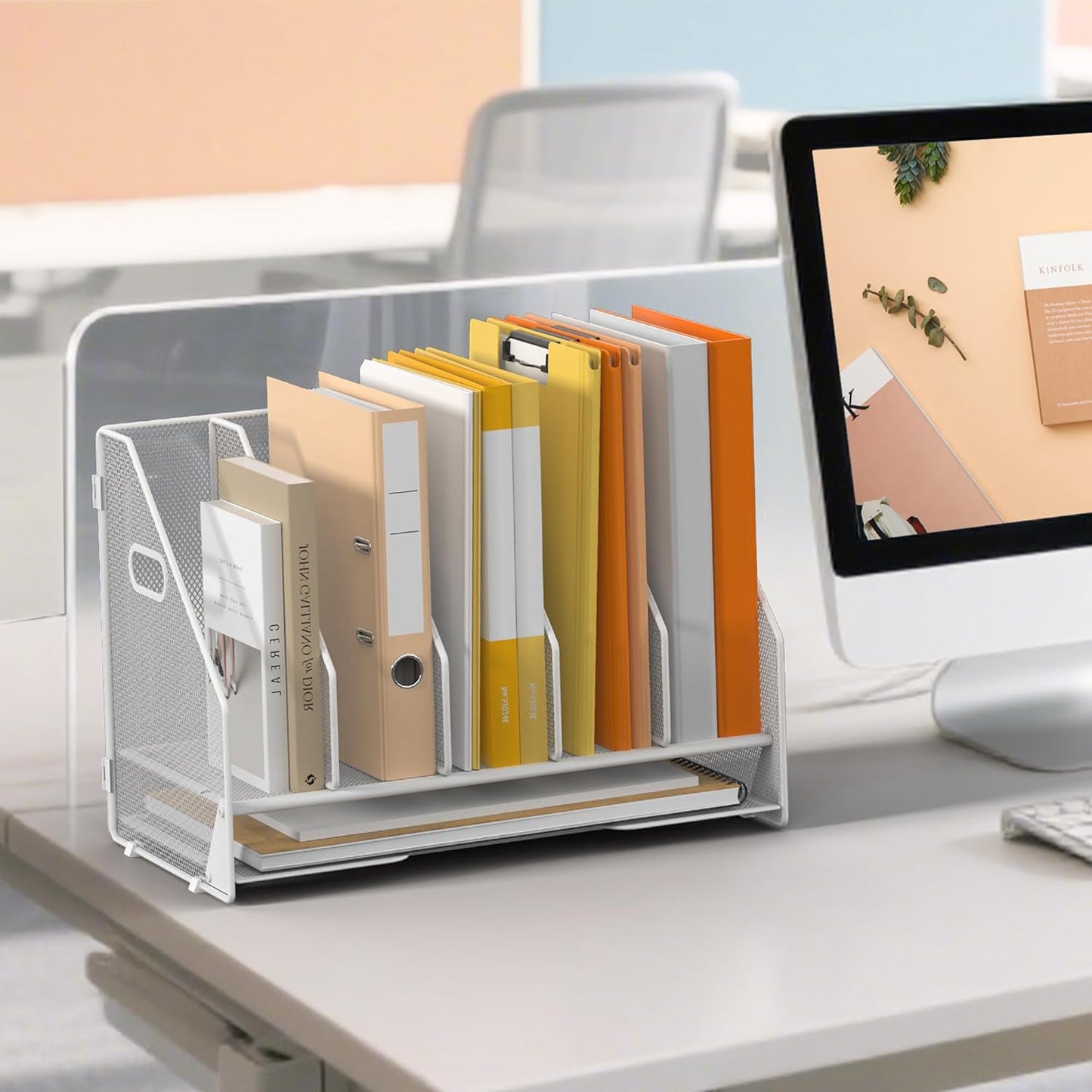 Desk File Folder Holder Organizer-5 Vertical Compartments Racks and Paper Letter Tray,Mesh Magazine File Holder Sorter,Desktop Accessories & Workspace Organizers for Home,Office,School-Black