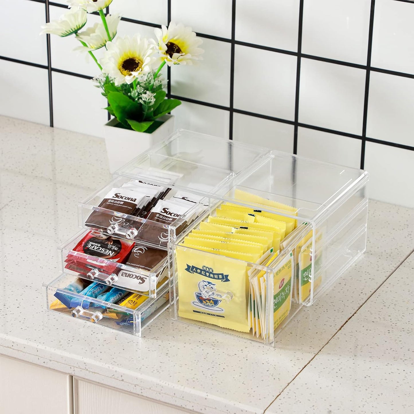 Cq acrylic Drawer Organizer with 3 Long Drawers,Stacking Office Supply Organizer and Desk Pen Storage and Stationary Organizer,Clear Makeup Storage Organizer for Palettes,Cosmetic, Beauty for Vanity