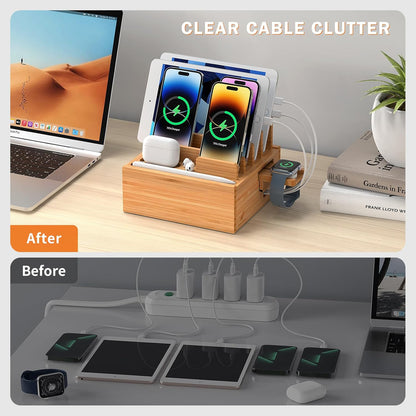 Pezin & Hulin Bamboo Charging Station Holder with 5 Port USB Charger, 5 x Charge Cables, Watch Stand, Wood Docking Stand Electronic Organizer for Multiple Devices, Phones, Tablets and More