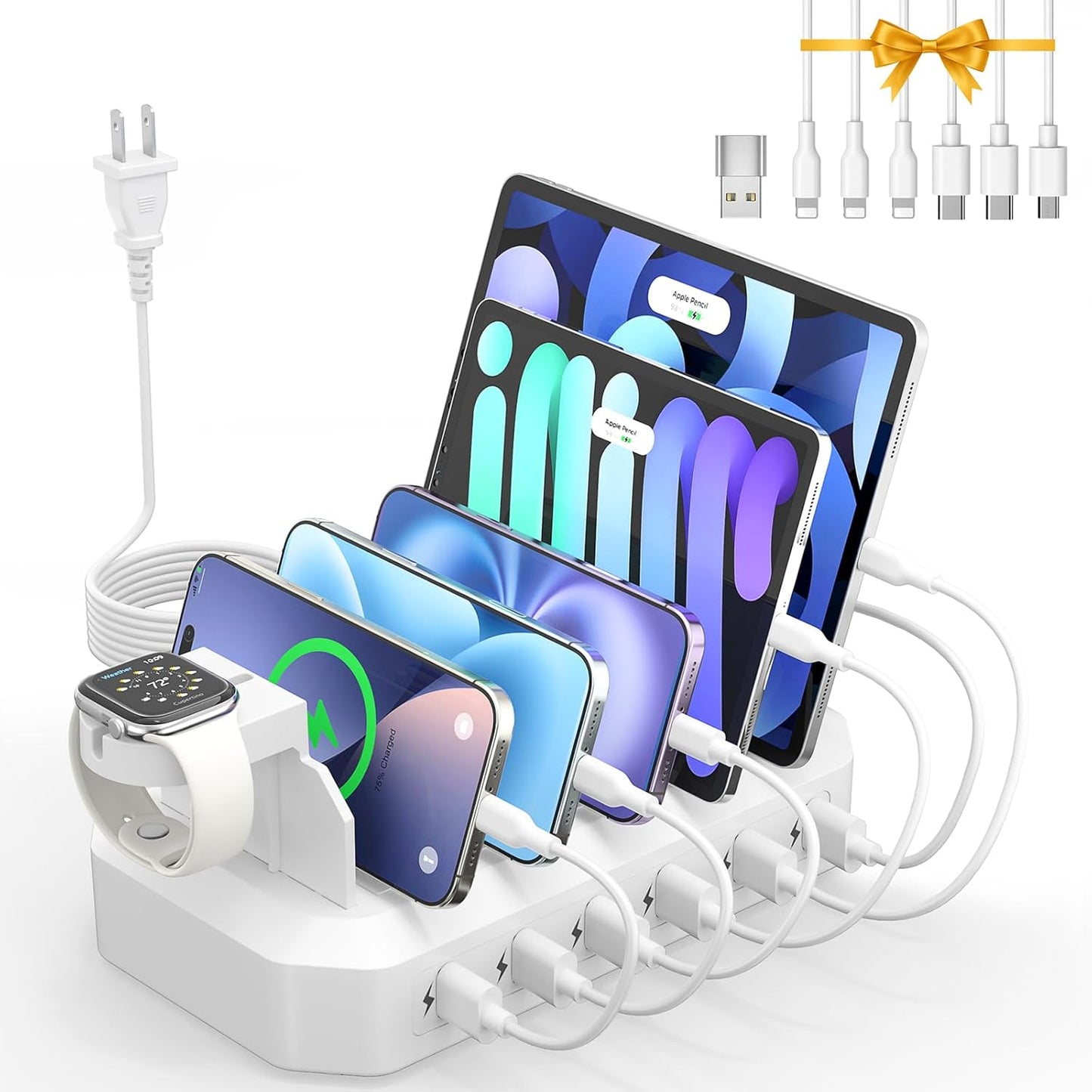 95W Fast Charging Station for Multiple Devices【UL & FCC Tested Safer Charging】 6-Port USB Charging Dock with 2 PD-Port, Compatible with iPhone/Android/MacBook/iPad/Tablet/Kindle(8 Cables Included)