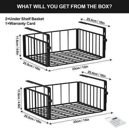 AmonHouseware 2Pack Under Shelf Basket Organizer,Adjustable Hanging Holder Storage for Cabinet Pantry Kitchen Cupboard Desk Counter Bookshelf Organization Add-on Space Saver Heavy Duty Slide-in,Black