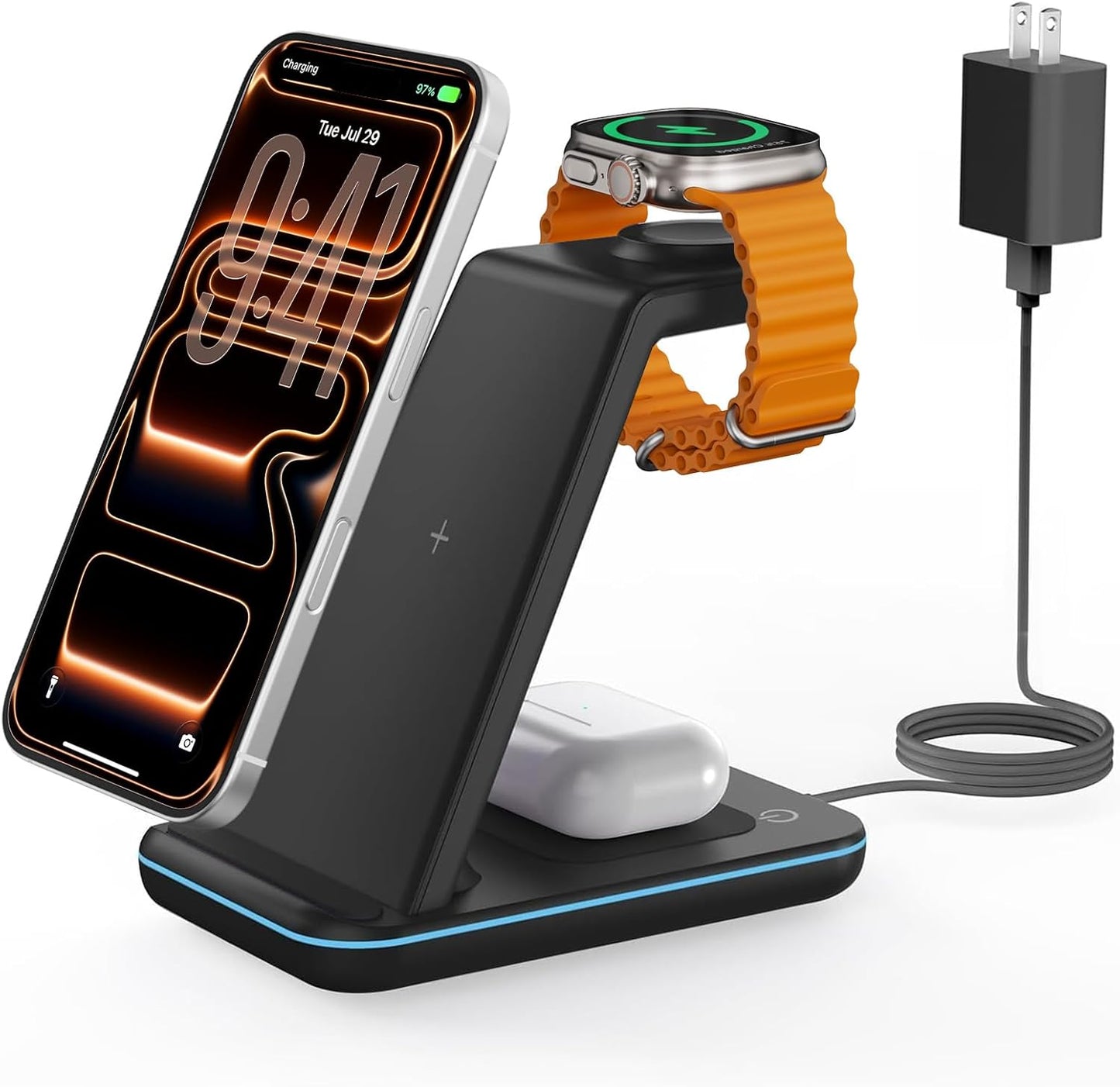 Charging Station for iPhone and Apple Watch: 3 in 1 Wireless Phone Charger Stand for iPhone 17 16 15 14 13 12 11 Pro Max & AirPods, Bedside Nightstand Docking