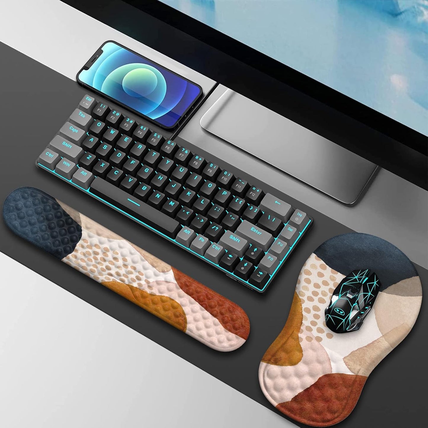 HAOCOO Keyboard Wrist Rest, Ergonomic Mouse Pad with Wrist Rest, 3 in 1 Keyboard and Mouse pad with Coaster Set, Memory Foam Wrist Support, Non-Slip PU Base for Home Office, Rose Gold Pink