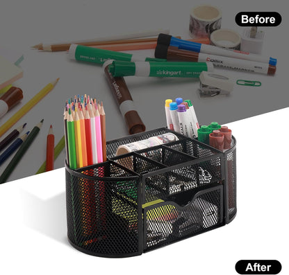 Comix Mesh Pen Pencil Holder Desk Organizer, 3 Compartment Wire Desktop Pen Pencil Cup Caddy Office Supplies Desk Accessories for Home Office School, Black