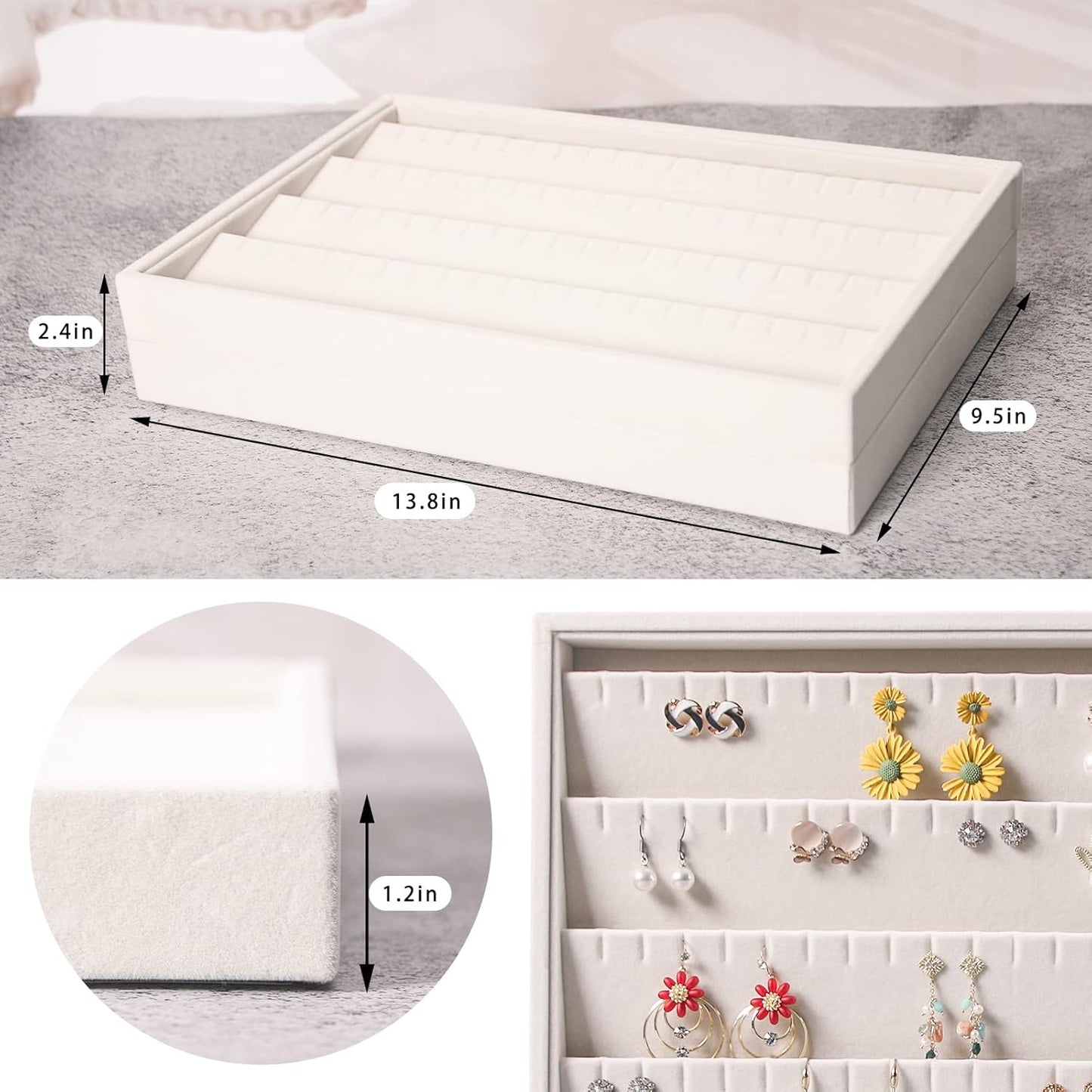 Coward Stackable Jewelry Trays Organizer Set with Clear Lid, Trays for Drawer, Earring Necklace Bracelet Ring Display Organizer (beige(ring+12girds+30girds+The glass lid))