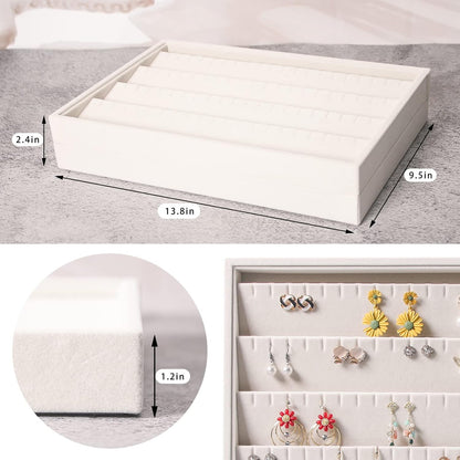 Coward Stackable Jewelry Trays Organizer Set with Clear Lid, Trays for Drawer, Earring Necklace Bracelet Ring Display Organizer (beige(ring+12girds+30girds+The glass lid))