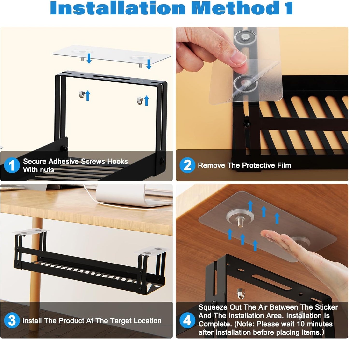 PAVSTINE Under Desk Cable Management Tray, 17 in Metal Cable Tray Basket for Wire Management, Power Strip Holder, Cord Organizer, Wire Tamer for Home/Office Desk Cable Hider Black
