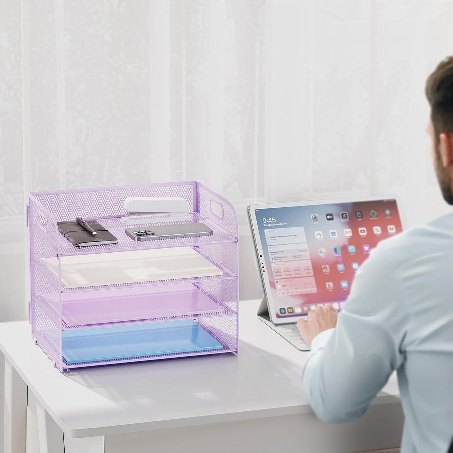 Marbrasse 4 Tier Paper Organizer Letter Tray - Mesh Desk File Organizer with Handle, Paper Sorter Organizer for Letter/A4 Office File Folder Holder (Black, 12.6" x 9.1" x 10.7")