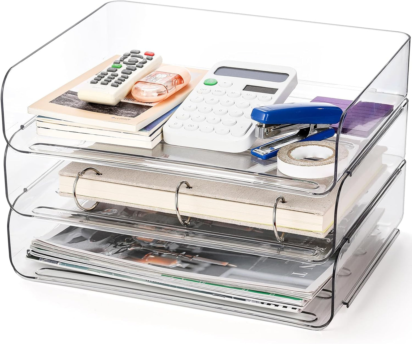Okllen 3 Pack Stackable Paper Trays, Clear PET Desk Letter Tray Set, 3 Tier File Document Organizer Tray for A4 Paper, Magazine, Receipts, Office Supplies