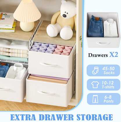 2 Pack Stackable Storage Drawers, Closet Organizers and Storage Shelves with Wooden Top & Adjustable Dividers, White Fabric Closet Drawer Organizer, Modular Storage Bins for Bedroom Wardrobe Apartment