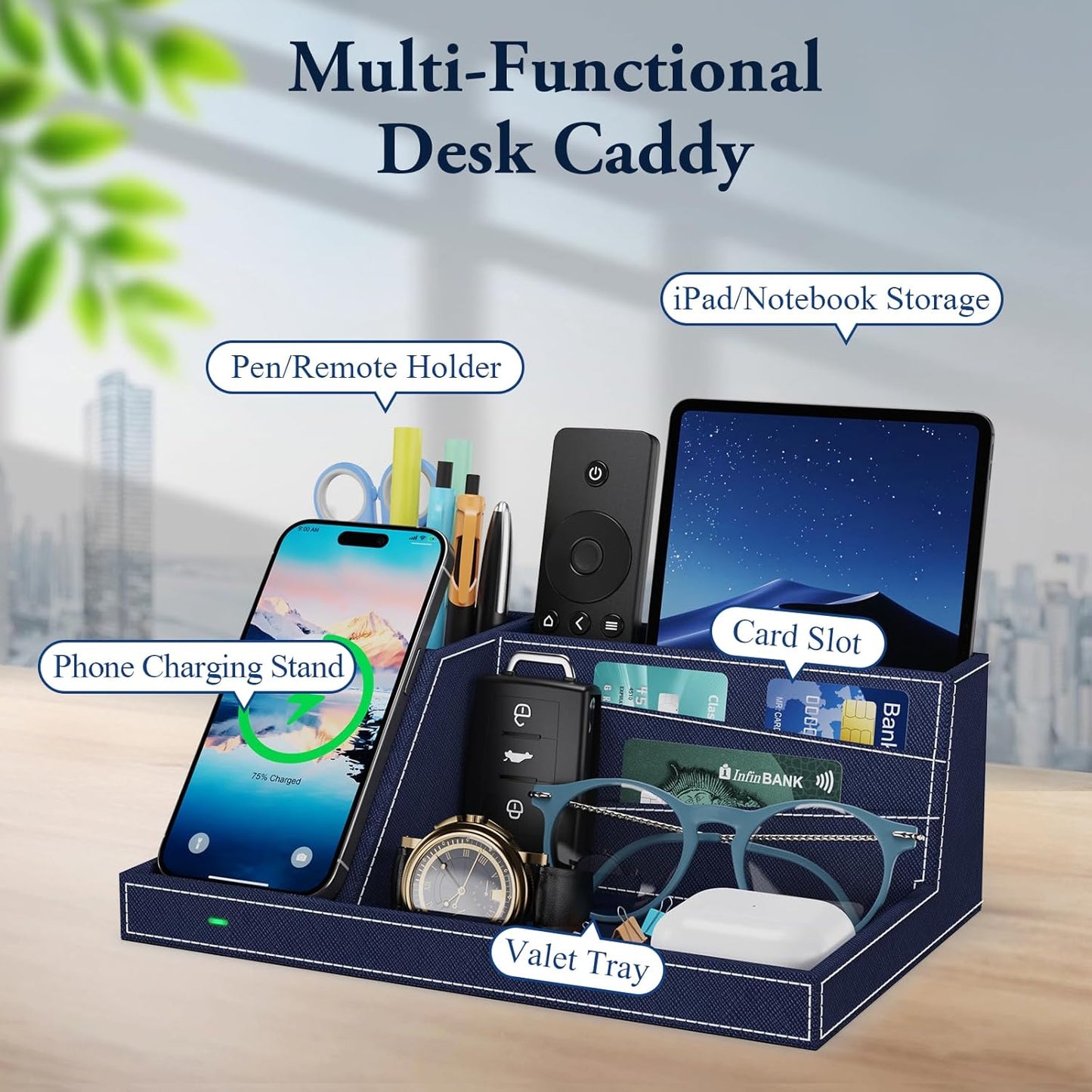 TopMade Wireless Charger Desk Nightstand Organizer, Leather Pen Holder Office Supplies Desk Accessories Fast Charging Station, Remote Control Holder, for iphone Charger Stand Gifts for Men (Black)