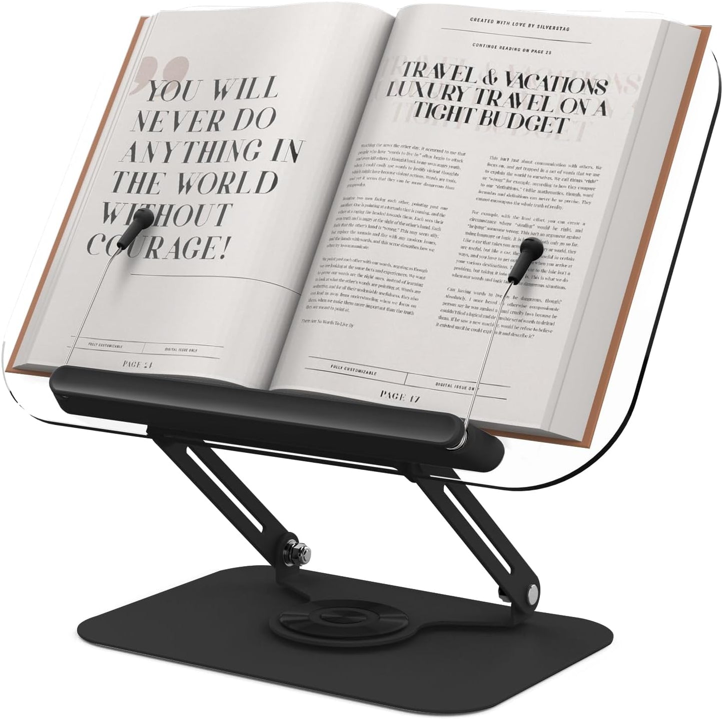Acrylic Book Stand for Reading Hands Free - Adjustable 360° Rotating Cookbook Holder with Elastic Page Clips & Foldable Base, Multi-Angle Desktop Display Stand for Recipes, Textbooks, Tablets, Bibles