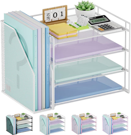 Marbrasse Desk Organizer and Accessories，4-Tier Paper Letter Tray Organizer with File Holder，Desk Accessories & Workspace Desktop Organizers for School Home Office Supplies (Blue)