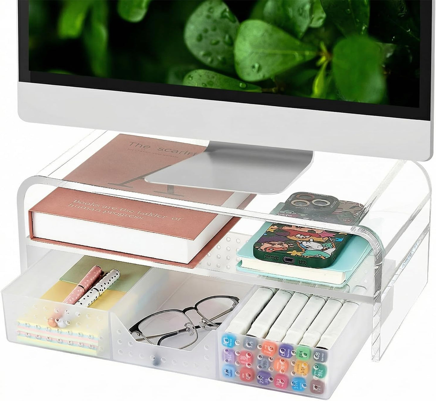 OPNICE Desk Organizer and Accessories, 2-Tier Computer Monitor Stand Riser with Drawer and 2 Pen Holders, Laptop Stand, Office Desk Accessories for Office Supplies, Black