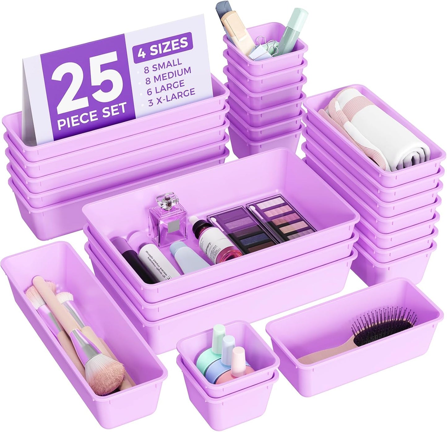 BiuLeon 25 PCS Plastic Drawer Organizers Set, 4-Sizes Vanity and Makeup Organizer, Desk and bathroom Drawer Organizer Trays, Organizers and Storage for Makeup, Jewelry, Gadgets, Utensils (Pink)