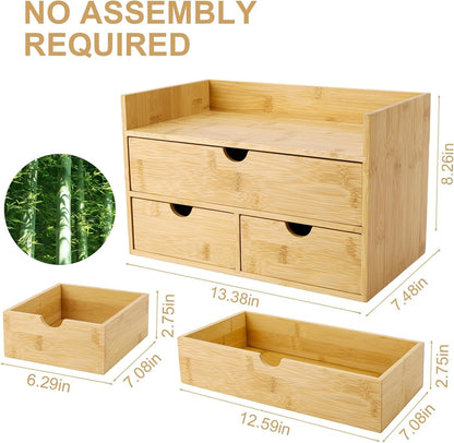 Charmewooden Bamboo Desk Organizer with 3 Drawers, Countertop Organizer with Drawers Makeup Storage Drawer 3 Drawers Tabletop Storage Organization Box Home Office Workspace