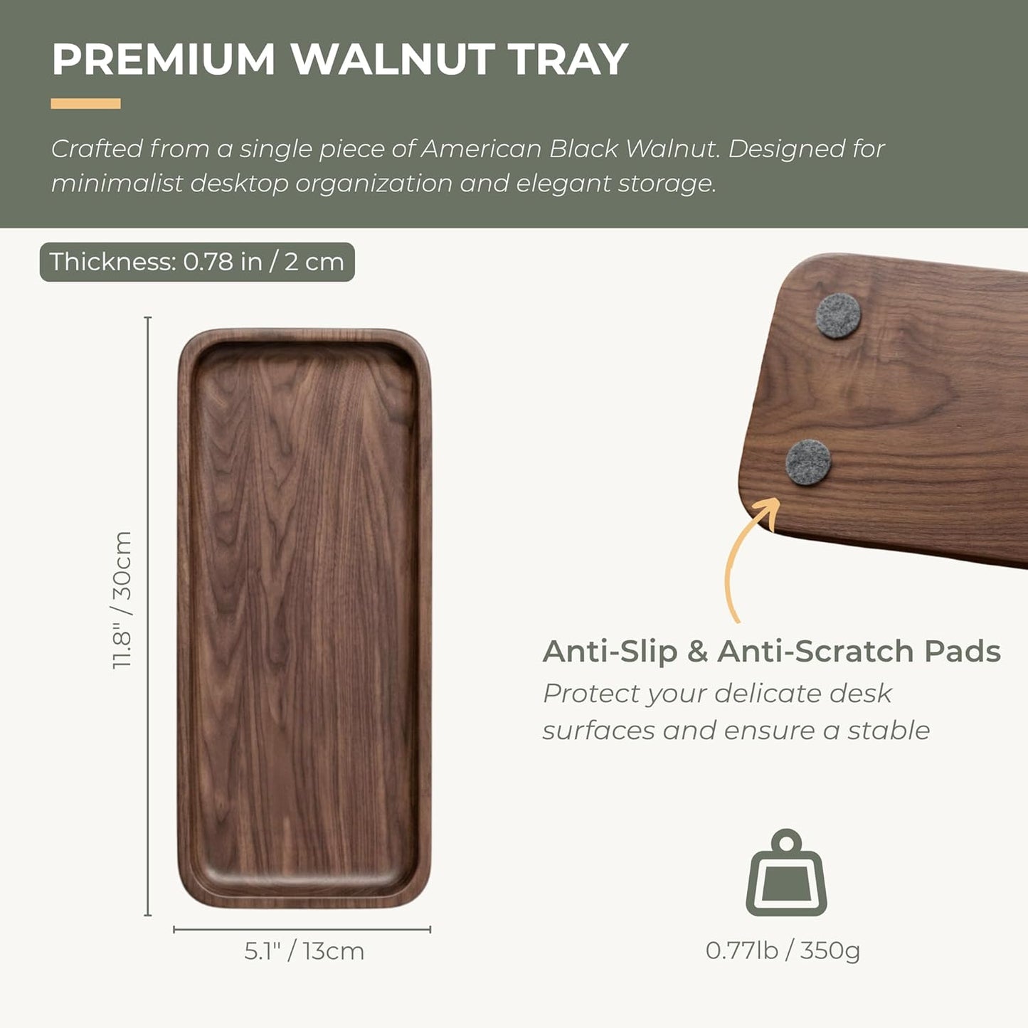 Muso Walnut Serving Tray - Solid Wood Small Rectangle Platter for Bathroom, Dinner, Tea, Coffee (11.8 x 5 in)