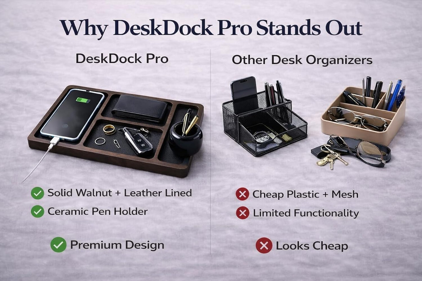 Desk Organizer Tray for Men with Ceramic Pen Holder, Wooden Valet Tray, Minimalist EDC Desk Organizer for Phone, Wallet, & Keys, Nightstand Bedside, Entryway, Birthday Gift for Men, Dad, Husband