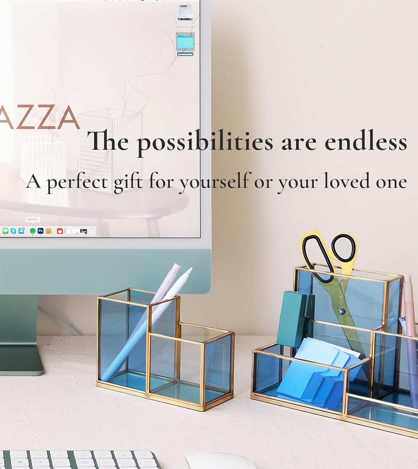 FONDAZZA Gold & Blue Glass Desk Organizer - Elegant Office Decor, Aesthetic Makeup Brush Holder, 2-Compartment Pen Holder, Pencil Cup, Vanity & Cosmetic Storage, Desk Accessories for Women