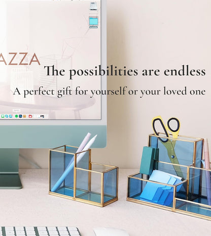 FONDAZZA Gold & Blue Glass Desk Organizer - Elegant Office Decor, Aesthetic Makeup Brush Holder, 2-Compartment Pen Holder, Pencil Cup, Vanity & Cosmetic Storage, Desk Accessories for Women