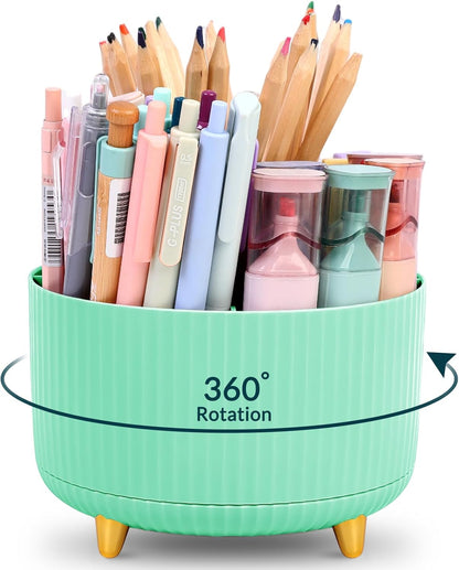 KONVINIT Pencil Pen Holder for Desk, 5 Slots 360 - Degree Rotating Desktop Organizer, Cute Desk Organizers and Accessories for School, Home, Office and Art Supply, Beige