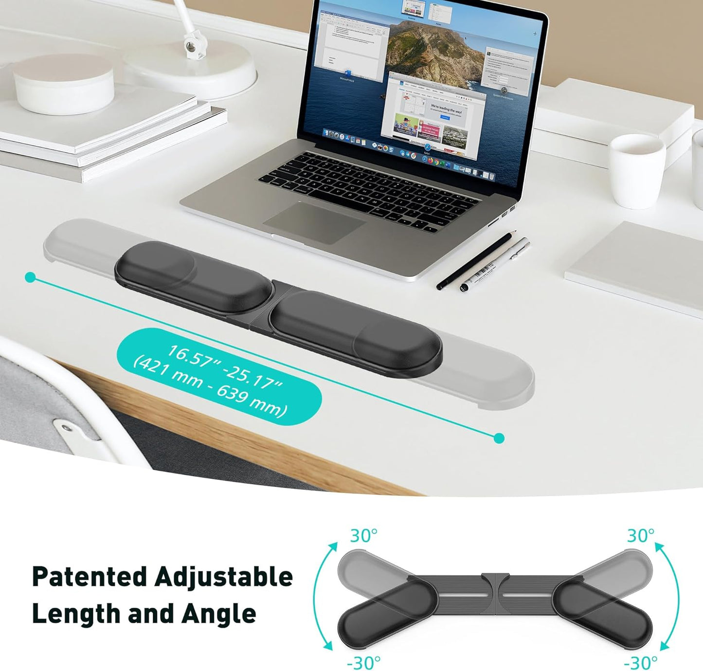 Adjustable Keyboard Wrist Rest, Extendable 16.57" to 25.17" Length & -30° to 30° Angle, Foldable Ergonomic Memory Foam Support for PC, Laptop, Gaming & Office, Waterproof PU Leather, Black