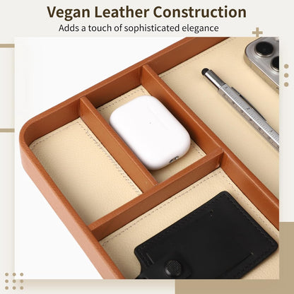 Caramel Leather Valet Tray for Men, Vegan Catchall Organizer - Nightstand & Bedside Caddy with 4 Compartments, 11.81"x7.87" Desktop Organizer