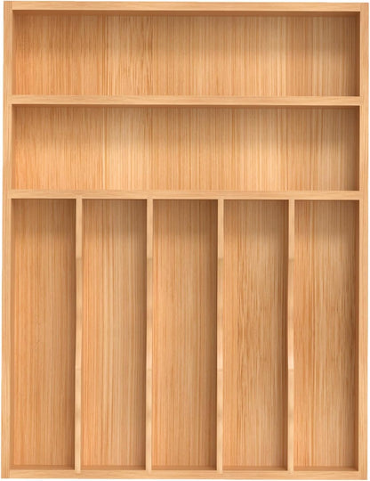 Small Silverware Organizer, Bamboo Kitchen Drawer Organizer, Utensil Holder, Cutlery Tray & Spoon Flatware Storage with Grooved Drawer Dividers (6.7''W x 12''D)