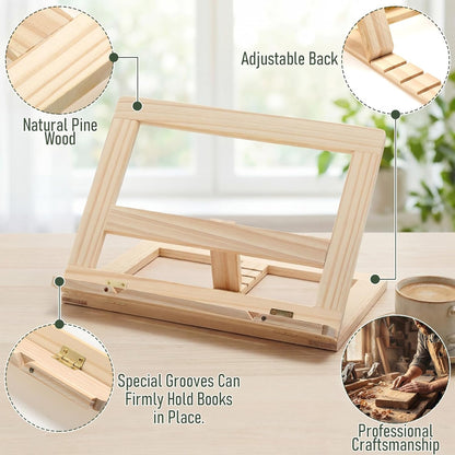 Gerrii Wooden Book Stand with Page Holder Clips Adjustable Foldable Reading Stand for Cookbooks Recipes Textbooks Bible Documents Tablet Solid Pine Wood Hands-Free Set Book Holder for Counter Desk