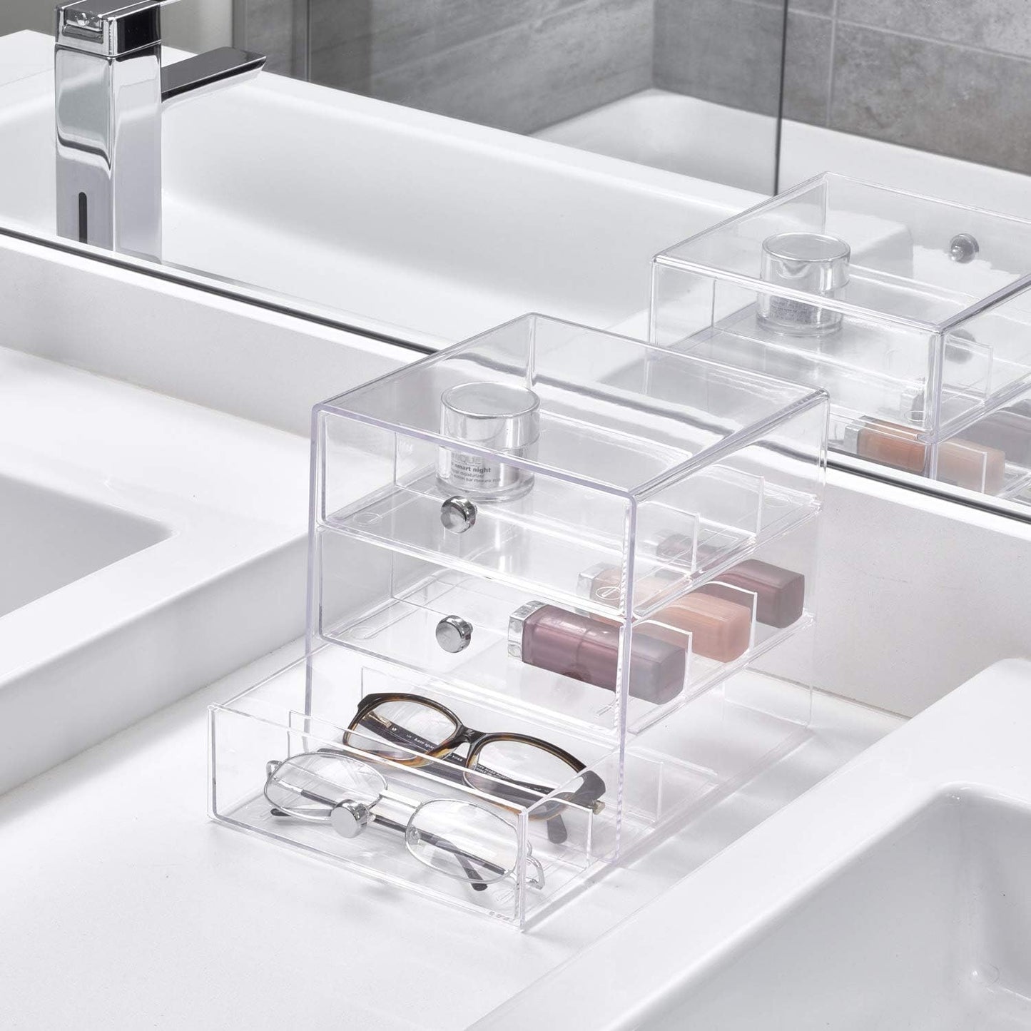 iDesign Divided 3-Drawer Stackable Organizer for Glasses, Sunglasses, and Readers - Black/Clear