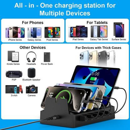 Charging Station for Multiple Devices, 6 Port USB Desktop Charger Dock Compatible with iPad, Samsung, Android, Tablet, Family Multi Phone Charging Organizer with Divider Holders, Fireproof ABS (White)