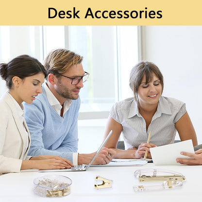 suniya Office Supplies,Gold Desk Accessories,with Stapler,Tape Dispenser,Pen Holder,Scissors,Phone Stand,Staple Remover,Ballpoint Pen,Clear Tape, Staples,Ruler,Clips,Best Gift for Business or Boss