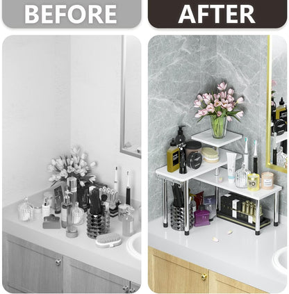 ZHWS Kitchen Countertop Organizer Spice Rack for Salt, Bathroom Counter Organizer Over Sink for Makeup, Skincare, Adjustable 3-Tier Corner Counter Shelf with 4 Hooks for Coffee Bar Dresser Table