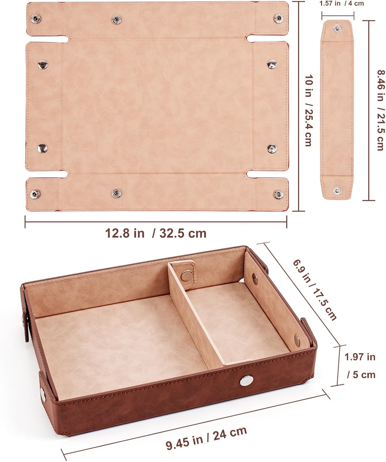 BONNY DODO Valet Tray for Men PU Leather Tray Organizer with Partition, Storage Keys, Watch & Practical Storage for Table Nightstand Living Room Bedroom (Dark Brown-Square)